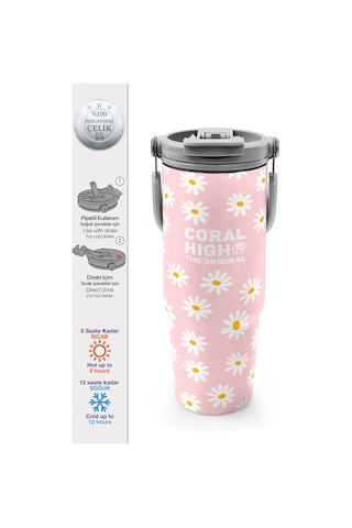 Coral High Papatya Desenli Pipetli Ve Direkt İçim Çelik Termos 900 Ml 38701 Pudra