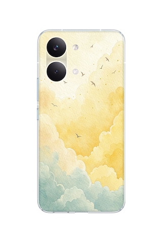 Poco X8 Pro Max Uyumlu Sarı Ve Yeşil Tonlu Bulut Ve Kuşlar Baskılı Silikon Kılıf