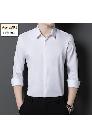 Erkekler İçin Gizli Düğmeli, Uzun Kollu, Tek Renkli, Esnek İş Kıyafeti Gömlek Beyaz