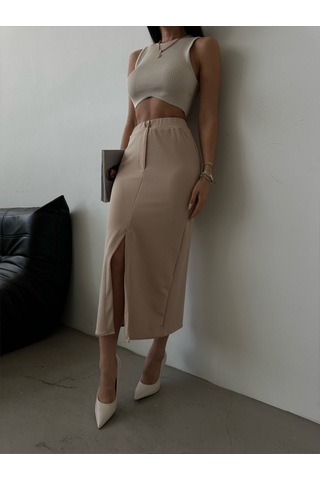 Herton Kadın Yüksek Bel Önü Yırtmaçlı Midi Boy Örme Etek ÇoK Renkli