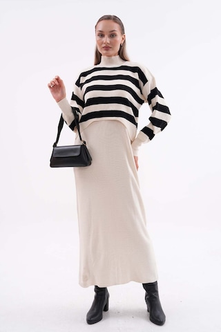 Kadın Triko Askılı Elbise Kazak İkili Takım Krem