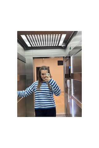 Youknitwear You Angora Çizgili Kazak Mavi
