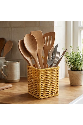 Kare Hasır Dokulu Plastik Rattan Kaşıklık & Çatallık Askılı Kendiliğinden Tutmalı Çok Amaçlı Mutfak Çok Renkli