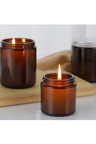 Rotanev 3 Adet 210 ml Cam Kavanoz Amber Mumluk 210 Cc Metal Siyah Kapaklı Mum Kavanozu Kahverengi