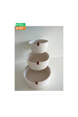 Ev Banyo Hasır Sepet 3 Adet Yuvarlak Sepet Krem-Beyaz