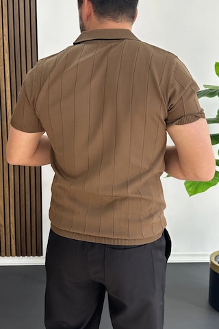 Erkek Slim Fit Fermuarlı Polo Yaka Tişört Açık Kahve Edw452 Kahverengi