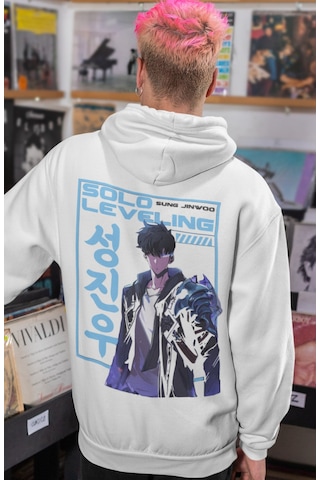 Sevbano Solo Leveling Sung Jinwoo Anime Sırt Baskılı Unisex Oversize Peny beyaz