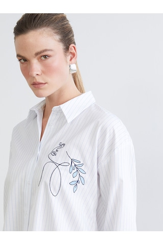 Lcw Comfort Mavi Çizgili Kadın Poplin Gömlek