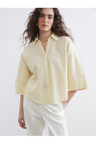 Lcw Vision Sarı Çizgili Oversize Kadın Gömlek