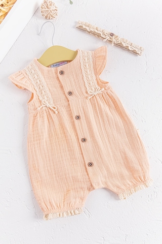 Düğmeli Bandanalı Kız Bebek Müslin Tulum Somon