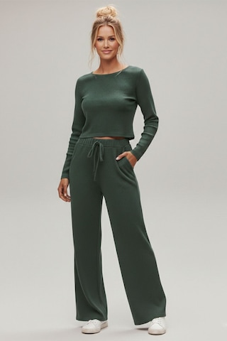 Fit Women Çizgi Likralı Kayık Yaka Alt Üst Takım 4443 Yeşil