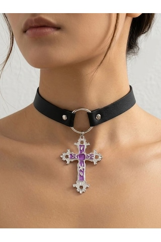 Mor Haç Detaylı Choker Kolye Kadın Gotik Boyunluk Kolye Punk Alternatif Moda Aksesuarı Ayarlanabilir Yaka Kolyesi