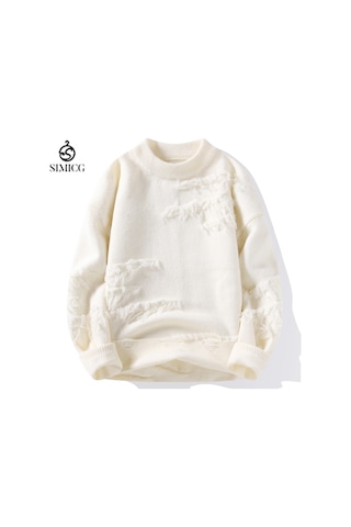 Erkek Sonbahar Ve Kış Düz Renk Kalın Yuvarlak Yaka Kazak Beyaz