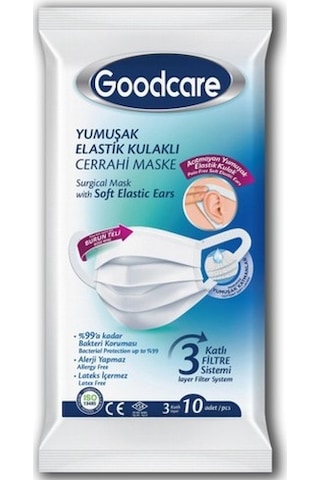 Good Care Goodcare Elastik Kulak Bantlı Cerrahi Telli Maske 10'Lu