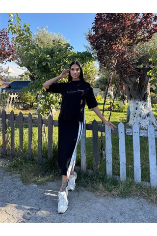 Siyah Polyester Keten Çizgili Yandan Takım Siyah