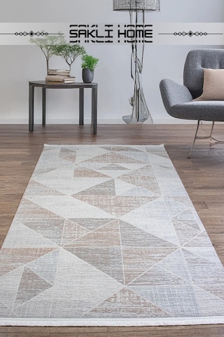 Gri Bej Polyester Halı Tozumaz Saçaklı Salon Oturma Çocuk Odası Yolluk Makine Bej