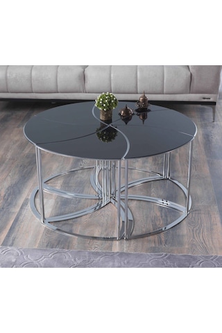 Premium Modern Yuvarlak Sehpa 6 Lı Takım 100 48 Cm Siyah Cam Bronz Ayaklı