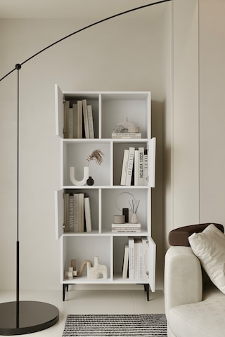 Roma Kitaplık 175 Cm - Vitrin - Gümüşlük 100% Mdf Metal Ayak Beyaz