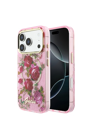 Apple iPhone 18 Pro Uyumlu Kılıf Guess Lisanslı M-safeli Gül Desenli Simli Yazı Logolu Kapak Pembe