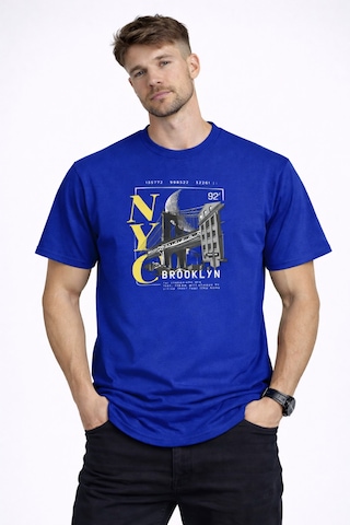 Herkesemoda Nyc Brooklyn Detaylı Basic T-shirt Mavi