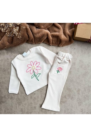 Kız Çocuk Gofre Kumaş Papatya Çiçek Nakışlı Alt Üst Takım Ekru