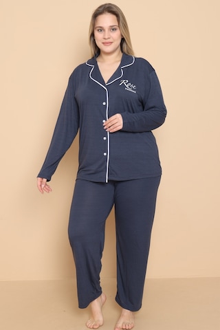 Wordex Mirano 4400 Polyviscon Kumaş Kısa Kollu Düğmeli Büyük Beden Kadın Pijama Takımı Lacivert