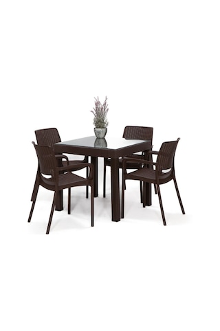 Rattan Small Lüx Camlı Kahve Masa Takımı Bahçe&balkon 1 Camlı Masa 4 Sandalye Kahverengi