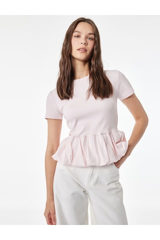 Koton Slim Fit Kısa Kollu Bisiklet Yaka Balon Peplum Tişört Pembe 6sal10578ık Gül