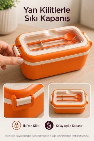 Turuncu 3 Bölmeli Çocuk Beslenme Kutusu Kaşık Çatal Dahil Kilitli Kapaklı Taşıma Saplı Lunch Box Diğer