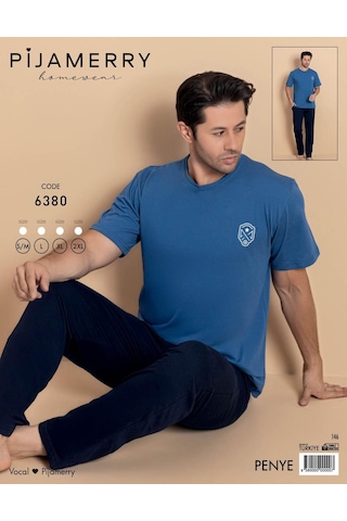 Pijamerry Erkek Bisiklet Yaka Kısa Kol Penye Pijama Takımı 6380 - 1 Adet Mavi