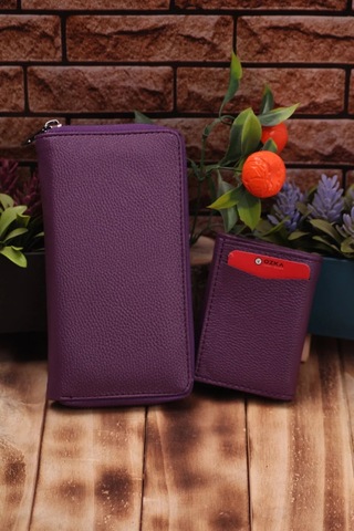 Ozka Leather Collection Telefon Bölmeli Uzun Cüzdan Ve Otomatik Mekanizmalı Kartlık Cüzdan Sevgili Paketi Mürdüm