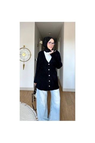 Nes Moda Kadın Düğme Detaylı Bel Büzgülü Angora Tesettür Triko Hırka Kazak Siyah Siyah