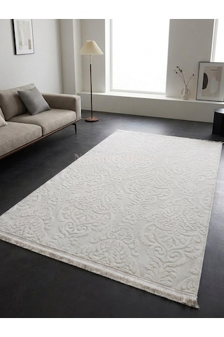 Rölyef Saçaklı Krem Joy Modern Yumuşak Dokulu Kabartmalı Kaymaz Taban Kesme Halı Yolluk Krem1