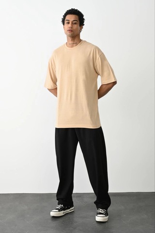 Barlashive Erkek Tişört Düz Basic Penye Yazlık Bisiklet Yaka Kısa Kol T-shirt - Bej Çok Renkli