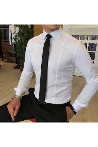 Italyan Stil Slim Fit Erkek Kravat Yaka Gömlek Beyaz T4775