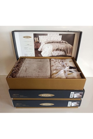 Kristal Çift Kişilik Dekoratif Yatak Örtüsü Seti Leaf Kahve Kahverengi