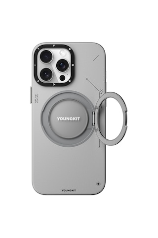 Apple Uyumlu iPhone 15 Pro Max Kılıf Magsafe Özellikli 360 Standlı Deri Desenli Youngkit Tech Leather Serisi Gri