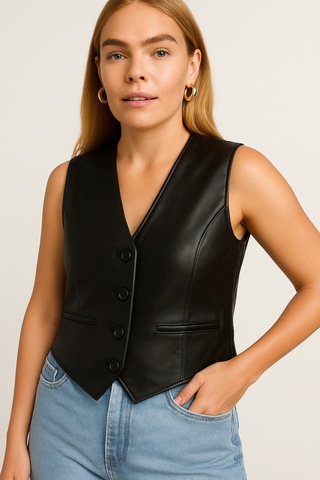 Hakiki Deri Siyah Kadın Yelek Siyah