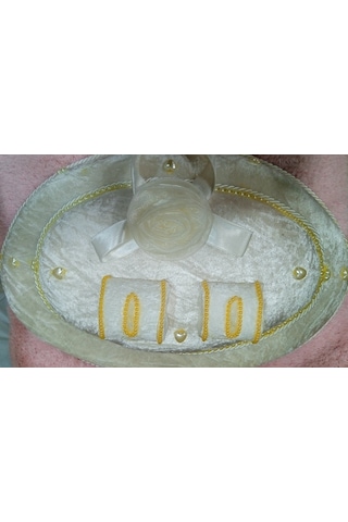 Söz Nişan Tepsisi Ahşap Kadife Kaplama Yüzüklük Oval Beyaz/ Gold Beyaz