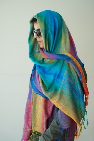 Pashmina Şal - Gökkuşağı Kadın Şal - %100 Paşmina Yünü Saks Mavi