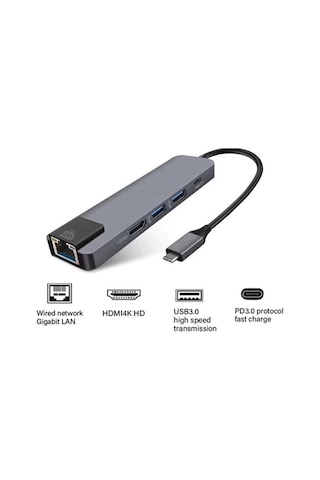 Type C To Pd+ssx2+hdtv+type C+rj45 Çevirici Adapter 5 Port