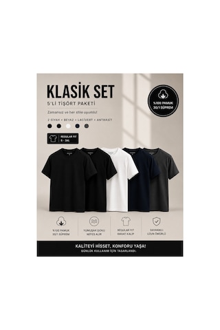 Masion Rae Erkek 5'li Basic Tişört Seti Regular Fit Bisiklet Yaka %100 Pamuk 30/1 Süprem Siyah-siyah-beyaz-lacivert-antrasit