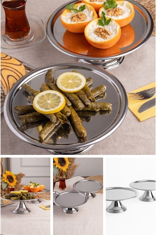 2'li Gümüş Yuvarlak, Ayaklı Şık Kek, Pasta, Kurabiye Ve Tatlı Servis Sunum Standı Gümüş