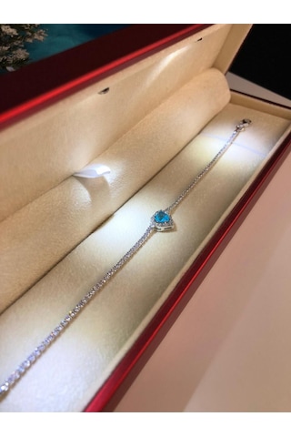 Swarovs'ki Taşlı Aqua Kalp Su Yolu 925 Ayar Gümüş Sevgiliye Eşe Hediye Bileklik