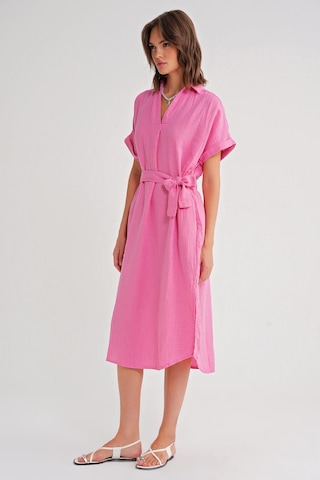 4720 Kadın Pile Detaylı Bağlamalı V Yaka Müslin Elbise Pembe Pembe