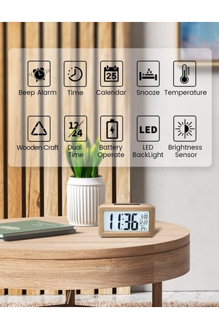 Youmex Ahşap Rakamlı Alarm Saat - Lcd Arka Işıklı Ekran, Sıcaklık Göstergesi, Uyandırıcı Fonksiyonu, Parlaklık Sensörü İle 3 Aaa Pil İle Çalışır Pil Dahil Değil