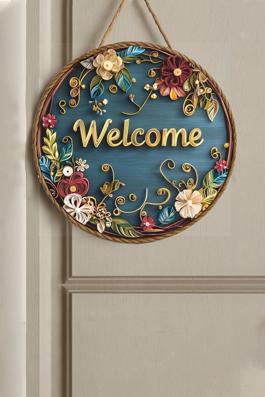 Kapı Süsü Ahşap Mdf "welcome" Yazılı - Çiçek Desenli - 2d Flat