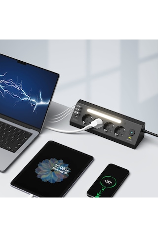 Fulltech Ftr-22 Gece Lambalı Akım Korumalı Çoklu Priz - Siyah 2 M