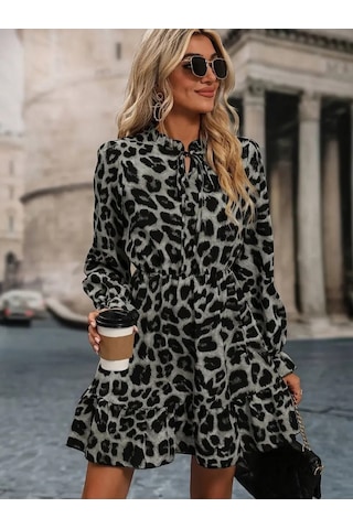 Nnstartshopping Kadın Uzun Kollu Yakadan Bağlamalı Beli Lastikli Şardonlu Dalgıç Elbise Gri