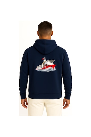 Bahriyeli Collection Kapüşonlu Yavuz Sondaj Gemisi Dalgalar Arası Göğüs Ve Sırt Baskılı Unisex Sweatshirt Lacivert